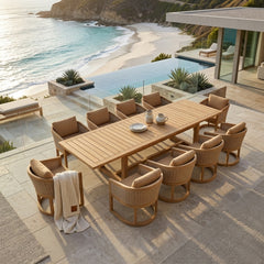 Outdoor teak dining table set by Anderson Teak with 11 pieces, featuring a luxurious A-grade teak finish and designer color options.