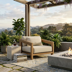 Anderson Teak Smyrna lounge armchair with teak wood frame, deep outdoor seating, shown in one of nine designer color options.