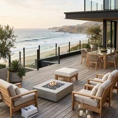 Anderson Teak Riviera Ottoman in a natural teak finish, outdoor patio footstool with a sleek design and four designer color options.
