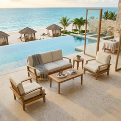 Anderson Teak Brianna deep seating outdoor patio sofa set in designer colors, featuring plush cushions and stylish armrests.