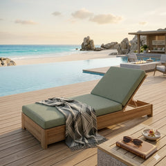 Anderson Teak Madera Sun Lounger made of A-grade teak wood, featuring a sleek design and available in four designer colors.