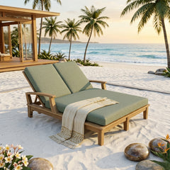Anderson Teak Brianna double sun lounger in A-grade teak wood with two cushioned seats and a sleek outdoor design, available in nine colors.