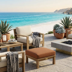 Southbay deep seating outdoor teak ottoman by Anderson Teak, featuring 9 designer colors, perfect as a stylish patio footstool.
