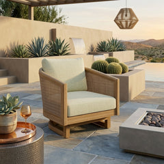 Anderson Teak Catania swivel chair with teak wood frame, deep seating, available in 9 designer colors for outdoor patio or garden.