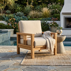 Southbay teak wood deep seating armchair by Anderson Teak, outdoor accent chair in designer colors for patio and garden.