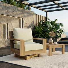 Anderson Teak Madera Swivel Armchair with deep outdoor seating, shown in a stylish design with garden and patio background.