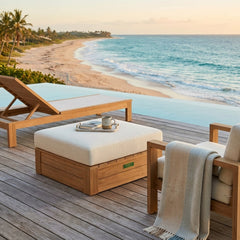 Anderson Teak Copacabana Ottoman in natural teak finish, luxury outdoor patio ottoman with sleek design and four color options.