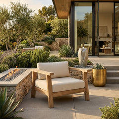 Anderson Teak Palermo teak wood deep seating accent armchair in natural finish, designed for outdoor patio and garden lounging.
