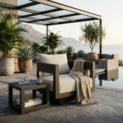 Anderson Teak Coronado aluminum swivel armchair with deep outdoor seating in four designer colors, perfect for patio and garden.