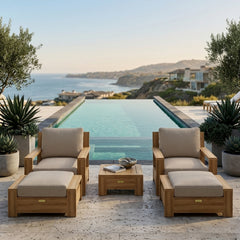 Anderson Teak 5-piece teak wood deep seating sofa set with cushions, outdoor patio furniture in designer colors.