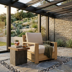 Anderson Teak teak wood accent armchair with deep seating, outdoor patio furniture, shown in a designer color for garden relaxation.