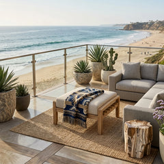 Luxury Anderson Teak NATSEPA Ottoman in natural teak wood, outdoor footstool with 9 designer color options for patio use.