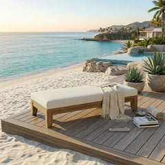 Luxe 60-inch outdoor daybed by Anderson Teak with teak wood frame, shown in a designer color, ideal for garden lounge or patio.