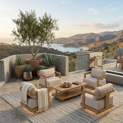 Anderson Teak 5-piece Granada deep seating outdoor sofa set with teak finish, including swivel lounge chairs for garden patio comfort.