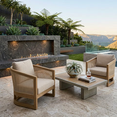 Anderson Teak Catania deep seating accent armchair in a designer color, outdoor patio and garden furniture with plush cushions.