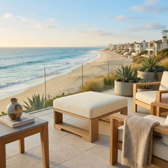 Luxury Anderson Teak Capistrano deep seating ottoman in natural teak with a sleek design, perfect for outdoor patio seating.