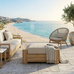 Luxury Anderson Teak Madera Ottoman in natural teak wood, designed as an outdoor patio footstool with four available colors.