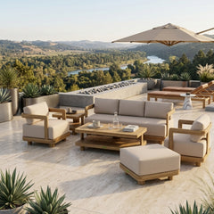 Anderson Teak 6-piece Granada deep seating outdoor patio sofa set with teak wood and plush cushions for garden lounge.