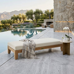 Anderson Teak Riviera 72-inch outdoor daybed with A-grade teak wood, shown in a designer color, perfect for garden lounge areas.