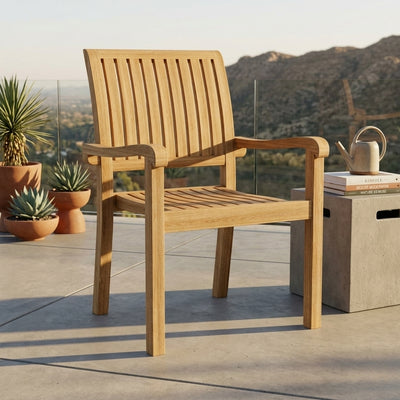 Anderson Teak Aspen stacking armchair, a stylish wooden accent chair with a sleek design and natural teak finish.