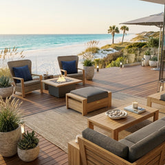 Luxury Anderson Teak Madera outdoor ottoman in warm teak finish, designed for patio with five stylish color options.