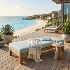 Outdoor daybed by Anderson Teak with A-grade teak wood, featuring a sleek design and available in nine designer colors.