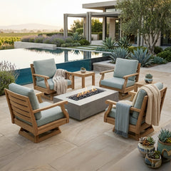Anderson Teak Riviera Swivel Armchair in natural teak wood, outdoor deep seating chair with a rounded back and armrests.