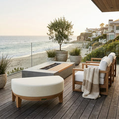 Anderson Teak Coronado Ottoman, luxury outdoor teak footstool in five designer colors, perfect for patio relaxation.