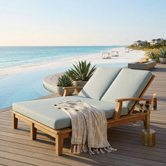 Anderson Teak Brianna double sun lounger with A-grade teak wood, designed for outdoor garden lounging, in a stylish sunbed style.
