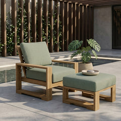 Capistrano deep seating outdoor sofa and table set in natural wood finish, designed by Anderson Teak for garden lounge comfort.