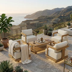 Five teak outdoor lounge chairs from Anderson Teak's Granada deep seating set, designed for garden patio relaxation.