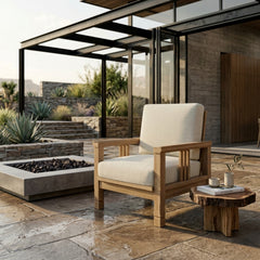 Southbay teak wood deep seating armchair by Anderson Teak, outdoor patio accent chair in natural wood finish with designer color options.
