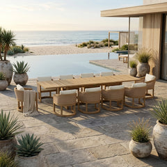 Outdoor sofa from Anderson Teak's Catania 11-piece luxury teak dining set, featuring sleek design and natural wood finish.