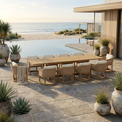 Outdoor sofa from Anderson Teak's Catania 11-piece luxury teak dining set, featuring sleek design and natural wood finish.