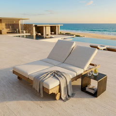 Anderson Teak BEL-AIR double sun lounger in teak wood with cushions, outdoor patio sunbed, available in 9 designer colors.
