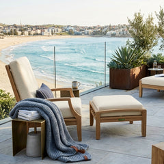 NATSEPA outdoor teak wood ottoman by Anderson Teak, stylish patio footstool in five designer colors, durable and elegant.