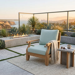 Anderson Teak Riviera modular teak wood armchair for outdoor patio and garden in designer colors, deep seating for outdoor luxury.
