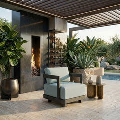 Anderson Teak Granada aluminum swivel armchair in vibrant color for outdoor patio and garden deep seating, modern design.