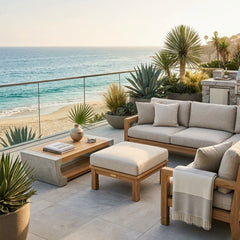 Southbay deep seating ottoman by Anderson Teak, luxury outdoor teak footstool in designer colors for patio relaxation.