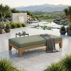 Riviera 60-inch outdoor daybed by Anderson Teak with teak wood frame, cushions, and colorful pillows for garden lounging.