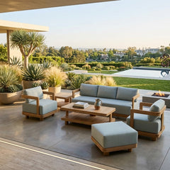 Anderson Teak Granada 6-piece deep seating outdoor sofa set with teak frames and plush cushions for garden lounge comfort.