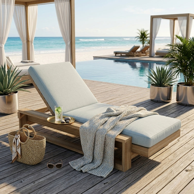 Best Daybed Capistrano Sun Lounger in A-grade teak wood with a sleek design and five designer color options for outdoor garden lounging.