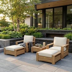 Anderson Teak 5-piece teak wood deep seating sofa set with cushions, outdoor patio furniture in various designer colors.