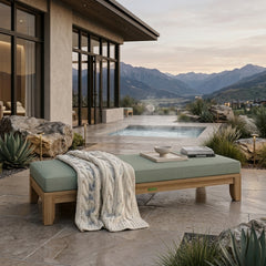 Outdoor Riviera 72-inch teak daybed by Anderson Teak with plush cushions, available in nine designer colors for garden lounging.