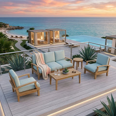 Anderson Teak Brianna deep seating outdoor patio sofa set in garden lounge with plush cushions and designer color options.