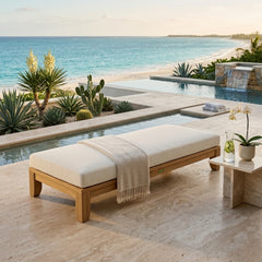 Anderson Teak Luxe 72-inch outdoor daybed with A-grade teak wood, featuring plush cushions and designer color options.