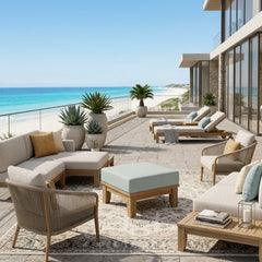 Luxury Anderson Teak outdoor ottoman with cushion, featuring a sleek teak design and available in five designer colors.