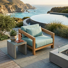 Anderson Teak Smyrna lounge armchair with teak wood frame, outdoor deep seating, available in 9 designer colors for patio or garden.