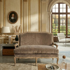 Bastille Settee | Carved Oak, Velvet Indoor Sofa For Elegant Living Room | By Zentique