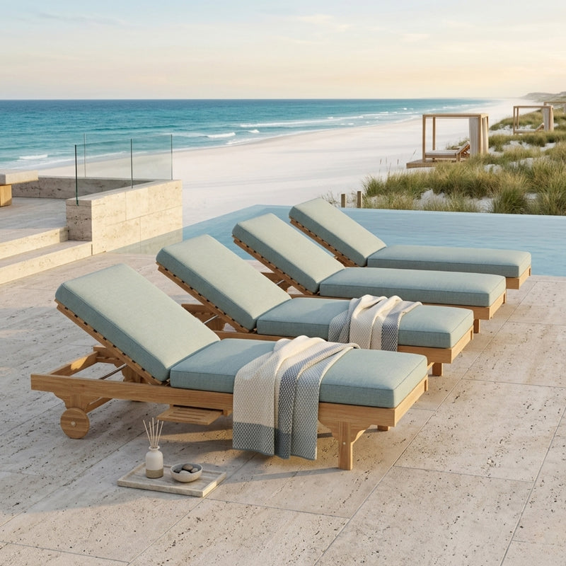 Anderson Teak sun lounger set in A-grade teak with a modern design, featuring smooth wood finish and adjustable backrest for outdoor lounging.